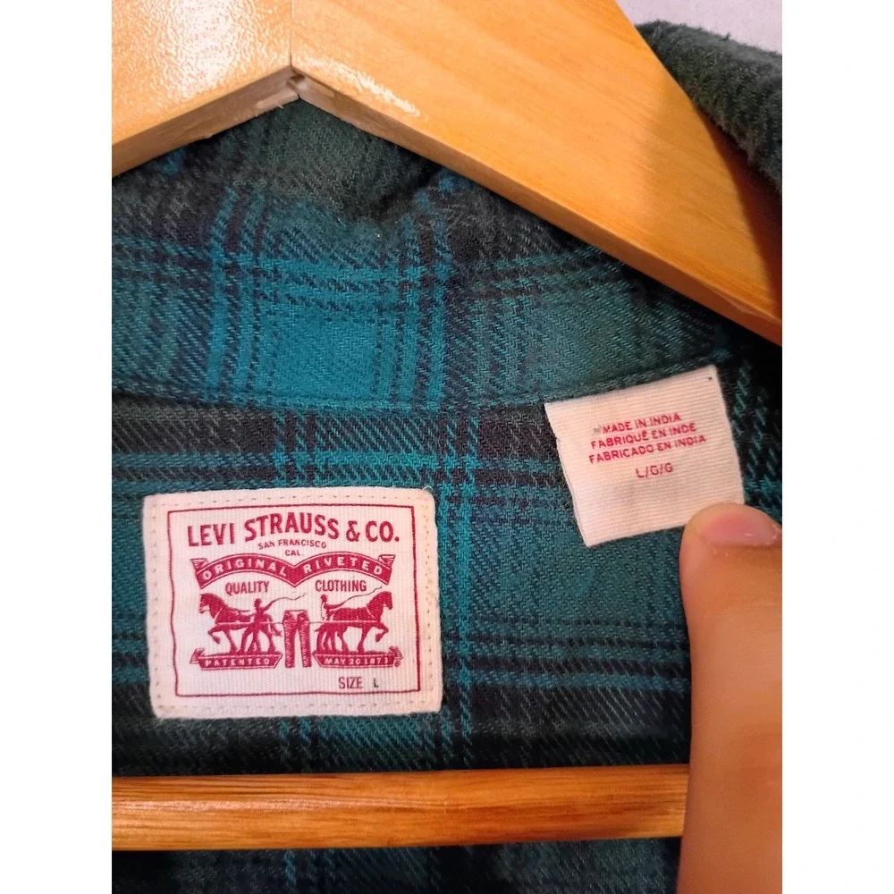 Western Grunge Levis Mens Large Teal Plaid Pearl Snap Flannel Work Shirt L